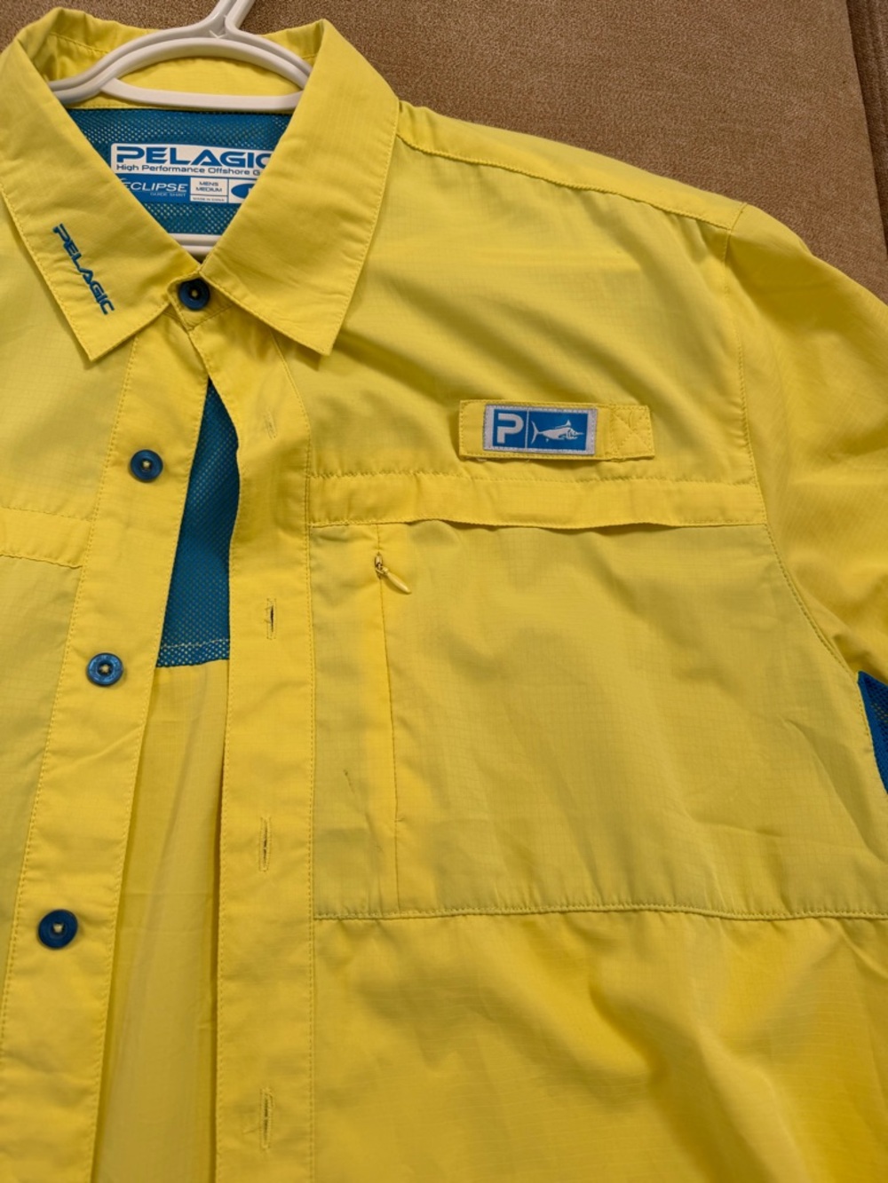 Pelagic Yellow Short-Sleeve Button-Up Shirt with Blue Accents - Picture 3 of 4
